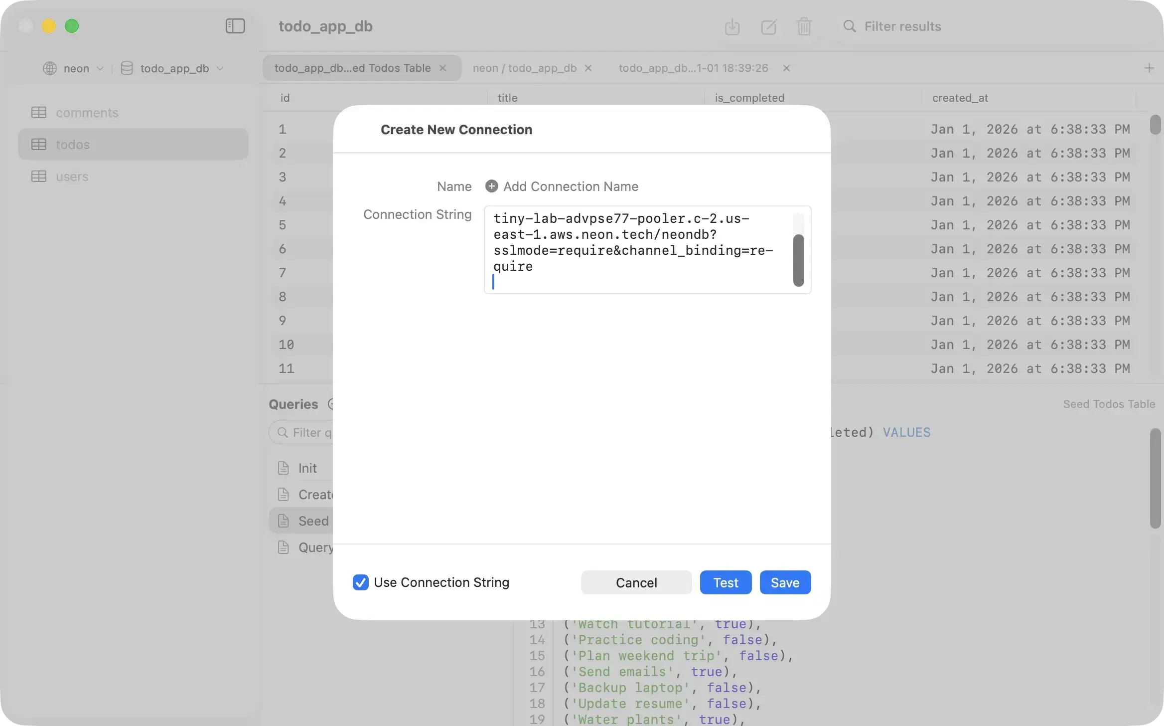 PostgresGUI connection form ready for Neon PostgreSQL values