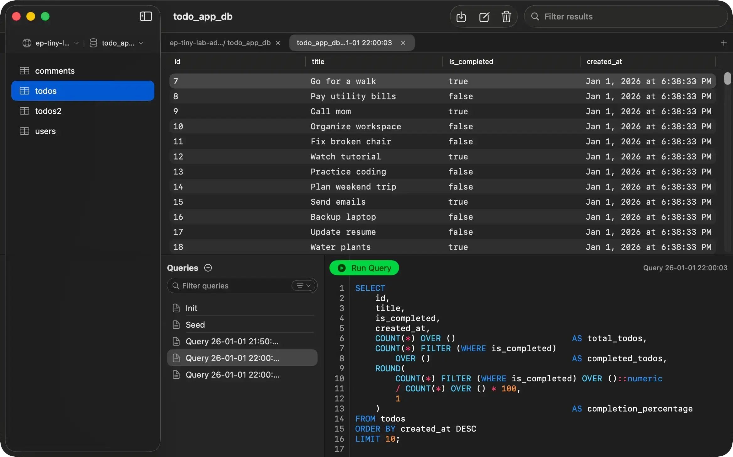 PostgresGUI - Query editor with results (Dark mode)
