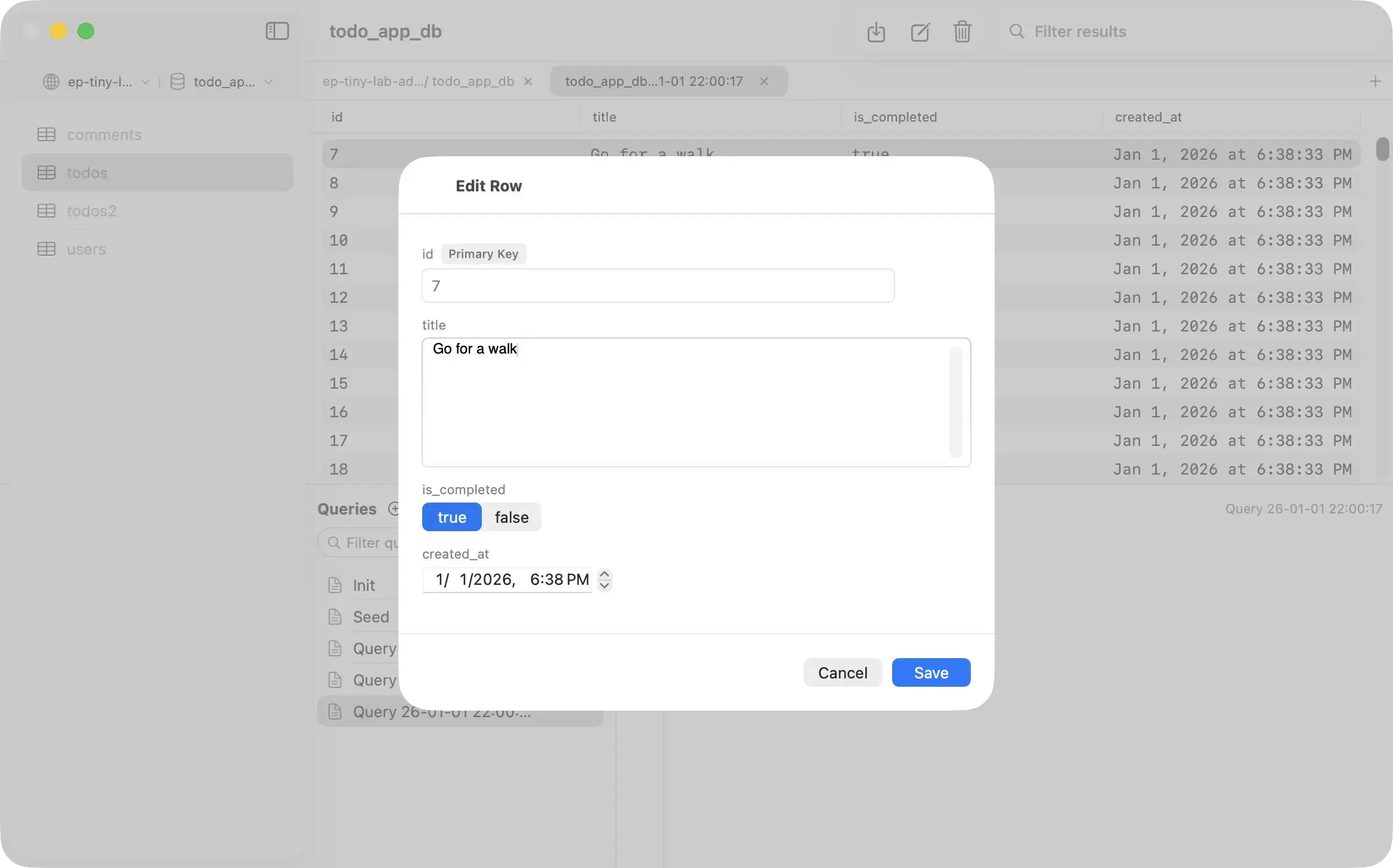PostgresGUI editing a PostgreSQL row on Mac
