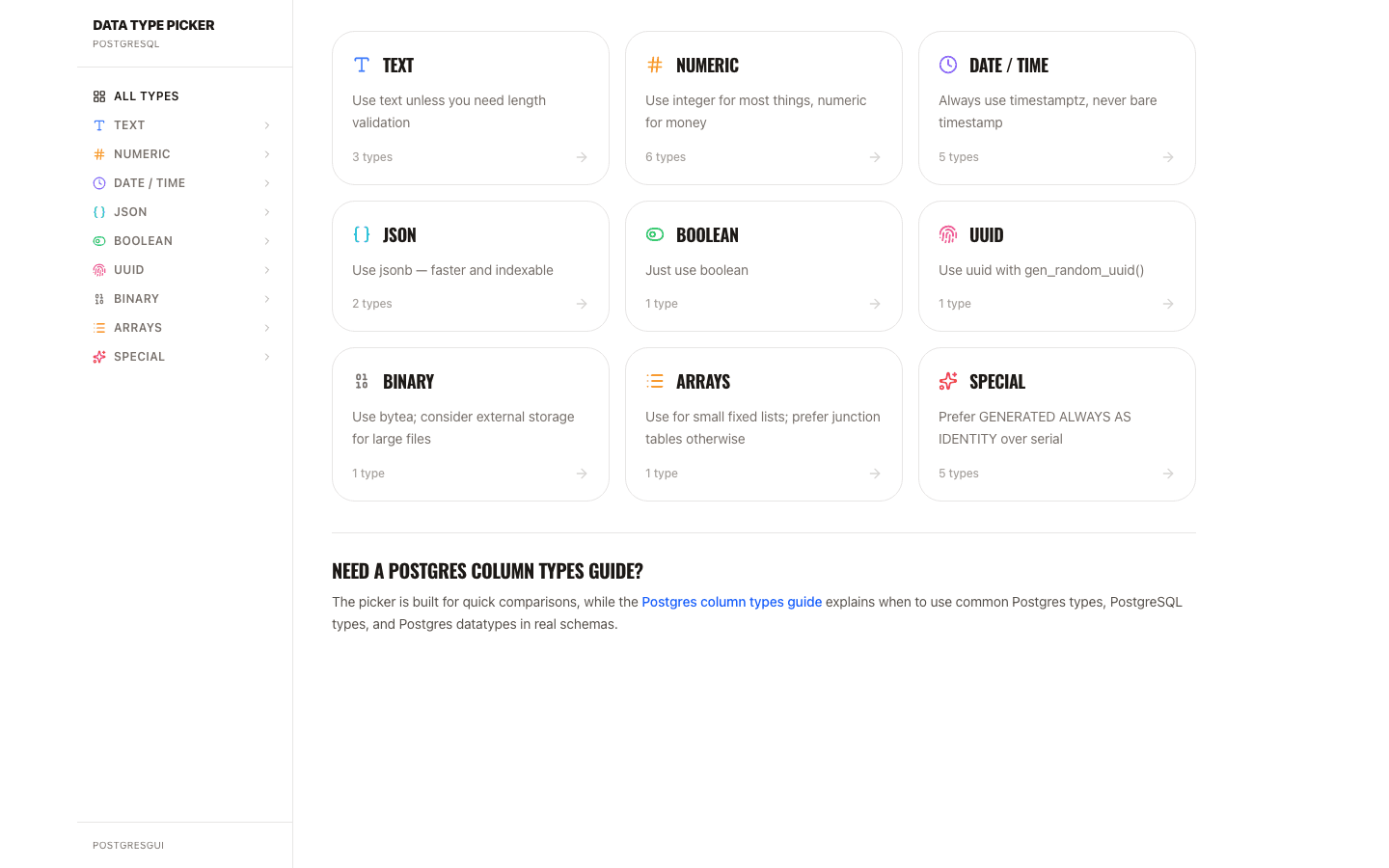 PostgreSQL data type picker with column type categories