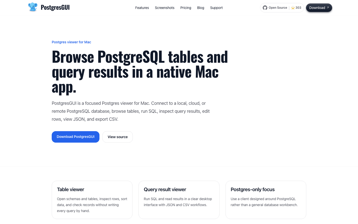 Postgres viewer for Mac landing page