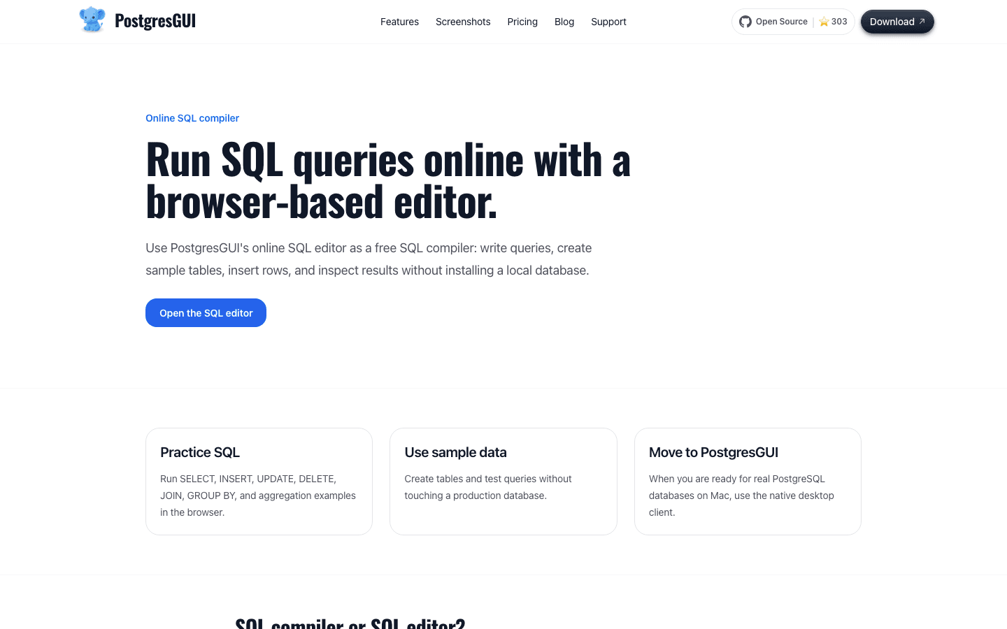 Online SQL compiler page with PostgreSQL query examples