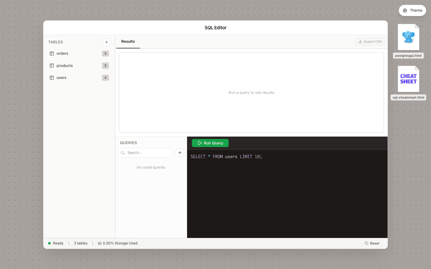 Online SQL editor with tables, query editor, and results panel