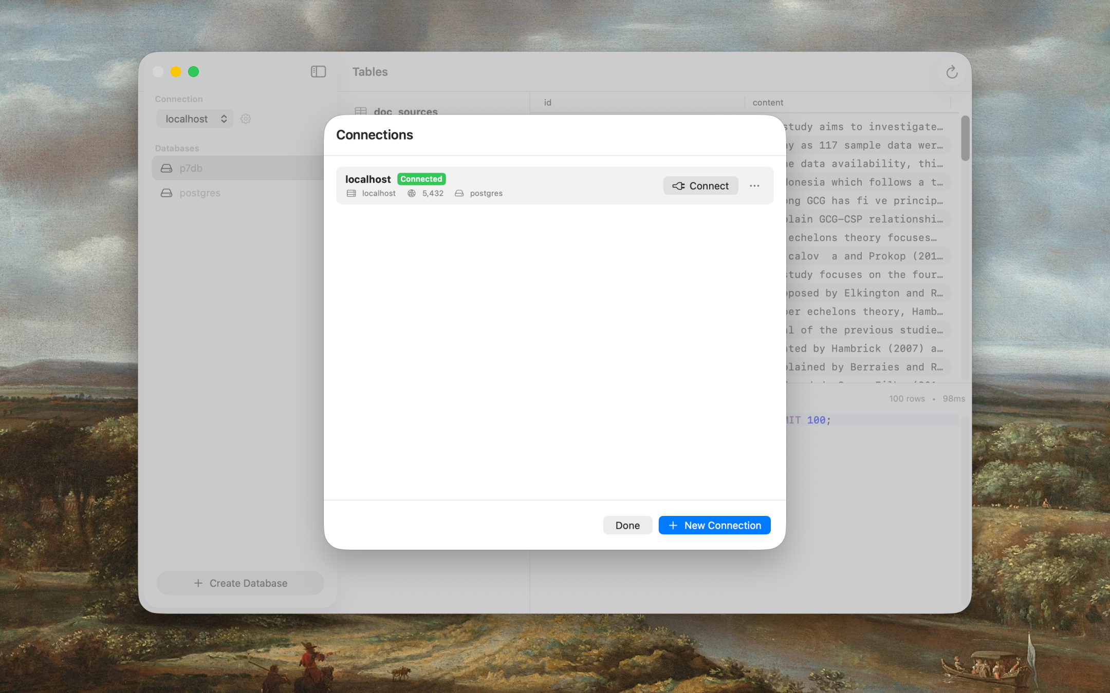 PostgresGUI Connections List View