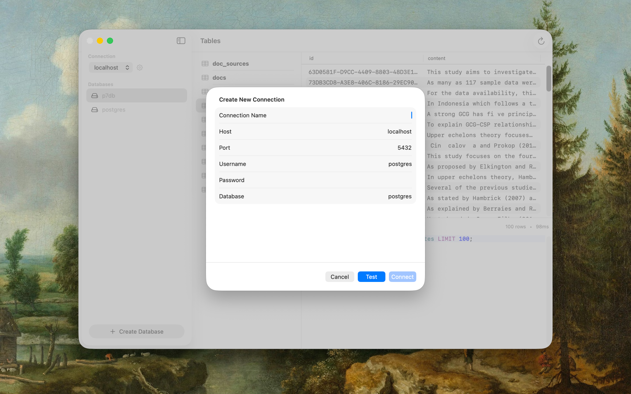 PostgresGUI Create Connection View